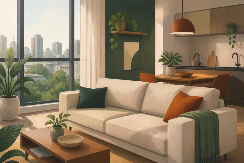 Interior iluminado de um flat mobiliado em Curitiba com sala de estar e móveis contemporâneos.