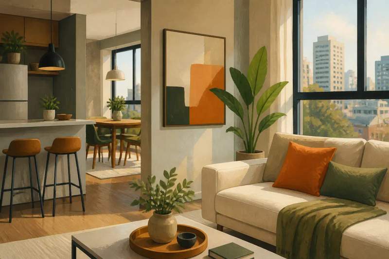 Sala de estar moderna de apartamento mobiliado em Curitiba com sofá confortável e iluminação natural.
