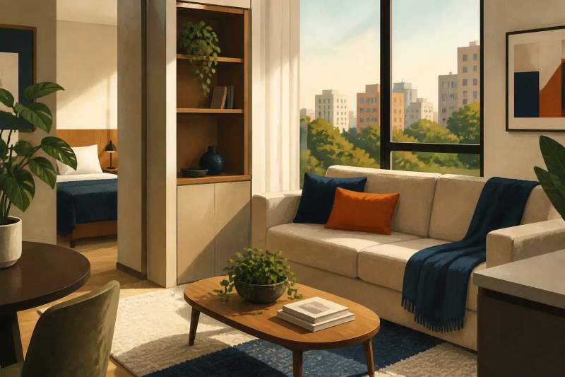 Interior de flat moderno e mobiliado com sala de estar e bancada de trabalho iluminada.
