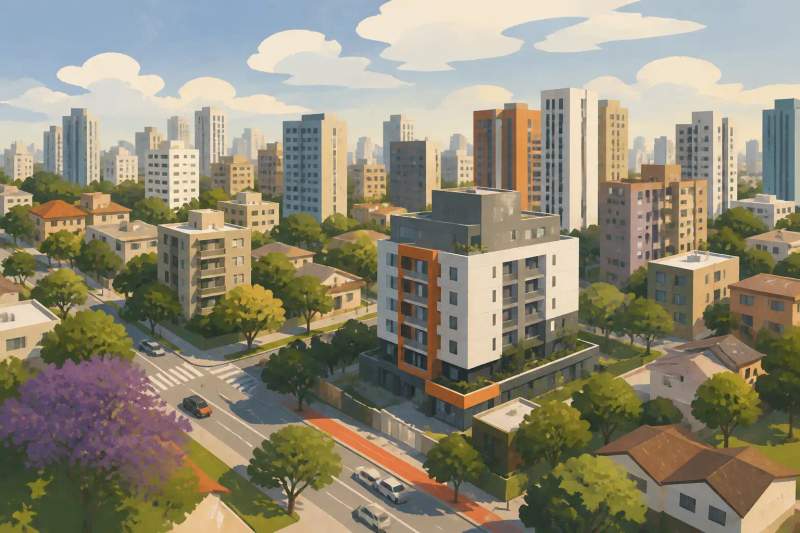 Fachada moderna do edifício Evolution Smart Residence em Curitiba com grandes janelas e iluminação urbana.