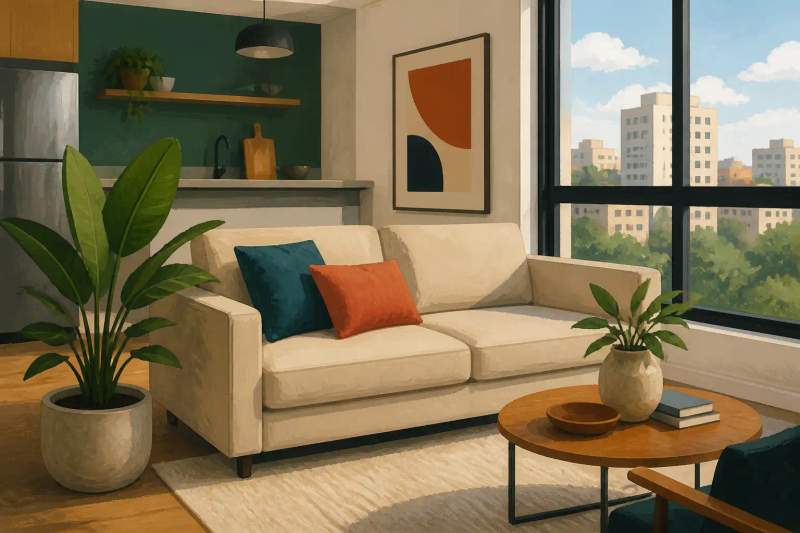 Quarto de flat mobiliado e moderno em Curitiba com cama feita, iluminação aconchegante e mesa de trabalho.