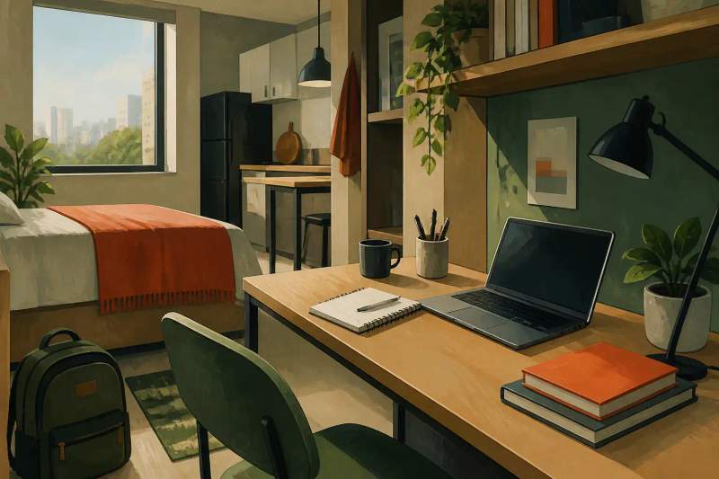 Jovem universitário estudando com notebook em uma mesa dentro de um studio mobiliado moderno e iluminado.