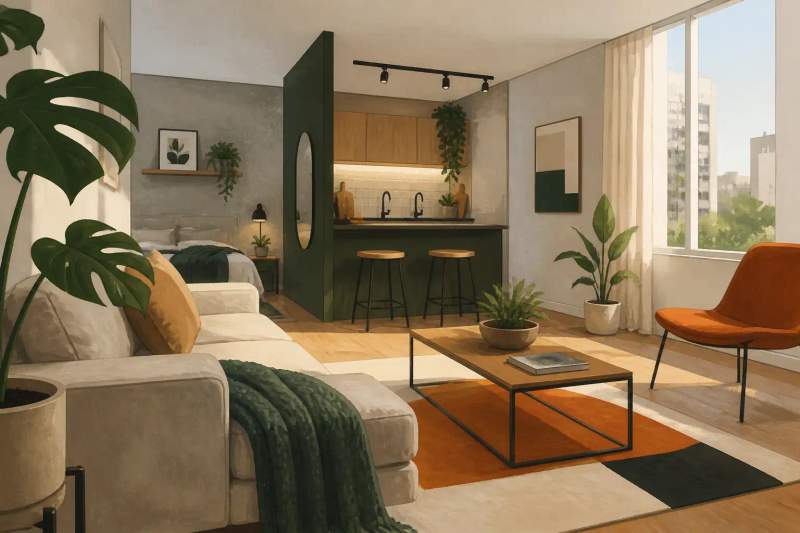 Interior de studio compacto mobiliado com cama, banheiro e cozinha integrada em Curitiba.