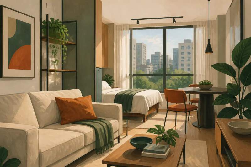 Interior de studio mobiliado moderno no bairro Batel com cama de casal, bancada de trabalho e decoração acolhedora.