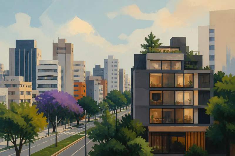 Interior de studio mobiliado e moderno no condomínio Seventh Avenue em Curitiba com vista urbana.
