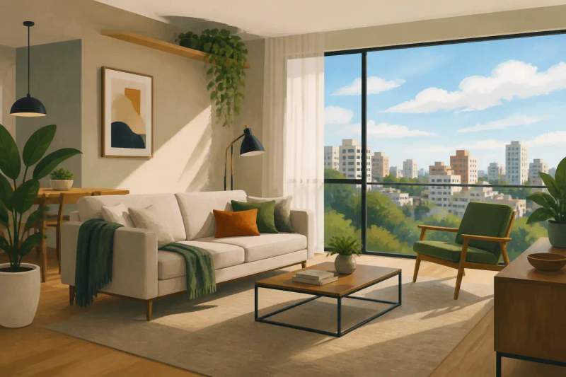 Sala de estar de apartamento mobiliado e iluminado em Curitiba.