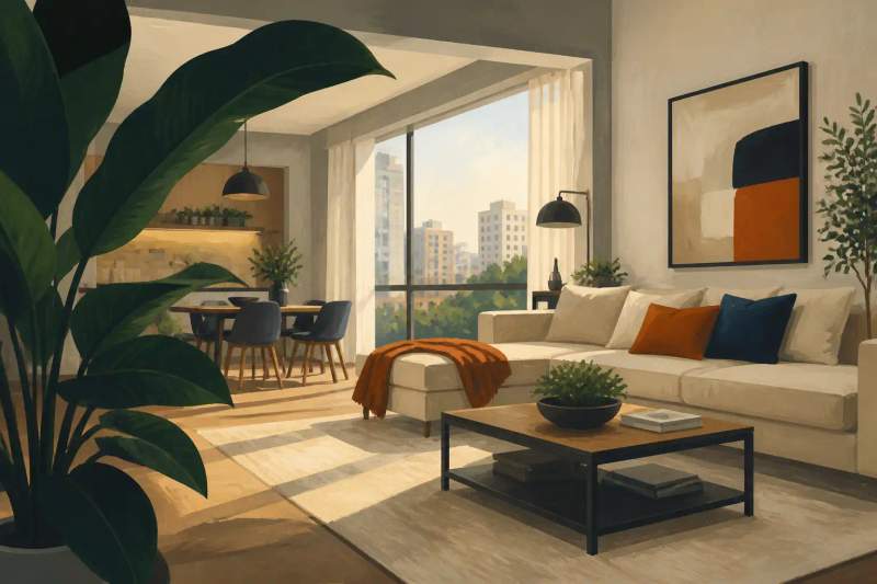 Sala de apartamento mobiliado moderno no Centro de Curitiba com sofá, mesa e iluminação natural.