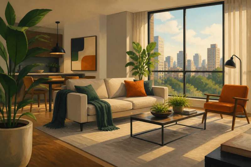 Interior de apartamento mobiliado moderno em Curitiba com sala de estar decorada e janelas amplas.