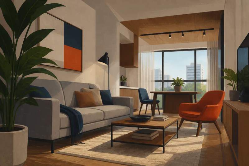 Interior de flat moderno e mobiliado no Centro de Curitiba com mesa de trabalho, sala integrada e iluminação natural.
