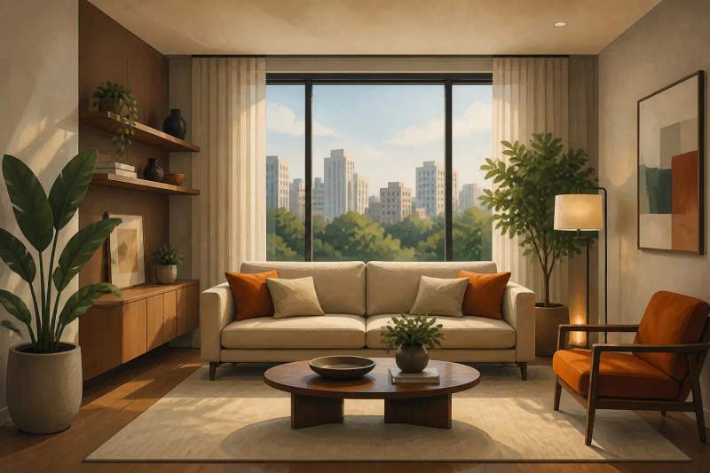 Apartamento moderno e mobiliado no bairro Bigorrilho em Curitiba com sala de estar e iluminação natural.