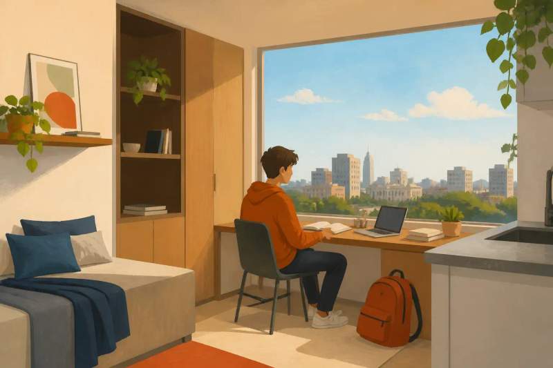 Interior de studio mobiliado moderno com cama de casal, bancada de trabalho e cozinha compacta integrada.