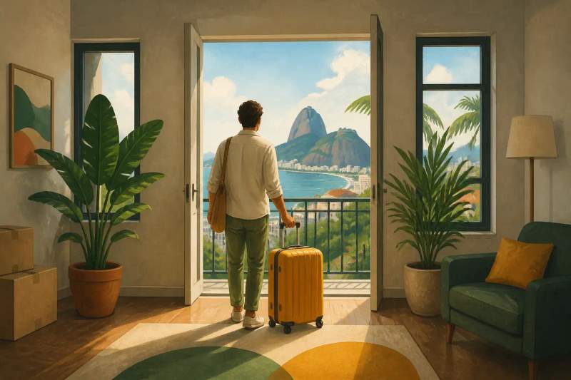 Pasaporte, documentos de alquiler y llaves de una vivienda sobre una mesa.