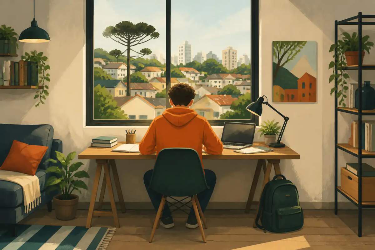 Estudiante analizando mapas y apuntes en la mesa de un apartamento amueblado moderno en Curitiba.
