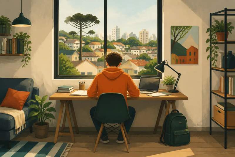 Estudiante analizando mapas y apuntes en la mesa de un apartamento amueblado moderno en Curitiba.