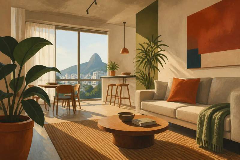 A modern furnished studio apartment with a packed suitcase next to a couch.