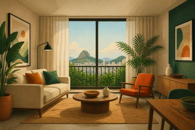 Intérieur d'un appartement meublé moderne et lumineux disponible pour une location au Brésil.