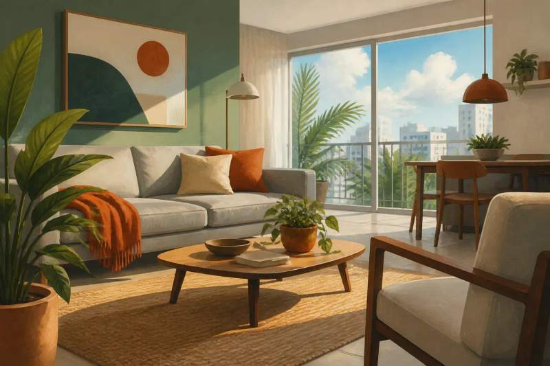 Interior de un apartamento amueblado moderno con sofá, área de trabajo y cocina equipada.