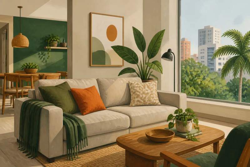 Modern bright apartment interior featuring a comfortable sofa, equipped kitchen, and dining area