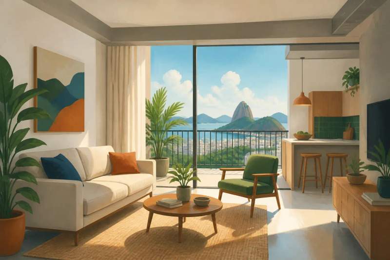 Salon d'un appartement meublé moderne avec canapé, cuisine équipée et grande fenêtre.