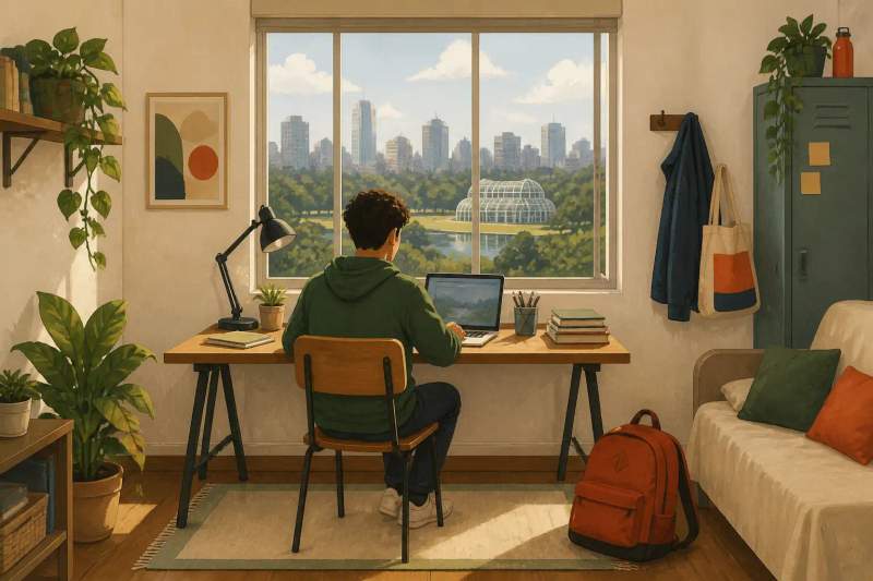 Estudiante utilizando una computadora portátil sobre una mesa de madera en un moderno apartamento amueblado.