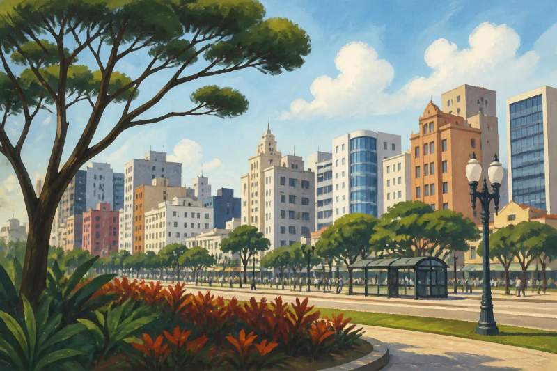 Panorama de Curitiba dévoilant ses espaces verts, ses immeubles urbains et la voie dédiée aux bus express.