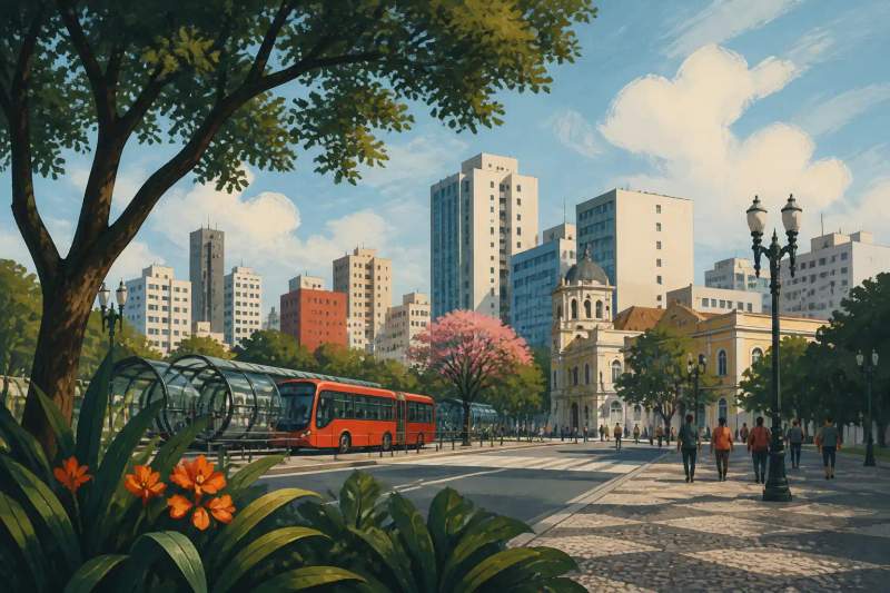 A person walking past a glass tube bus stop on a well-lit street in Curitiba.