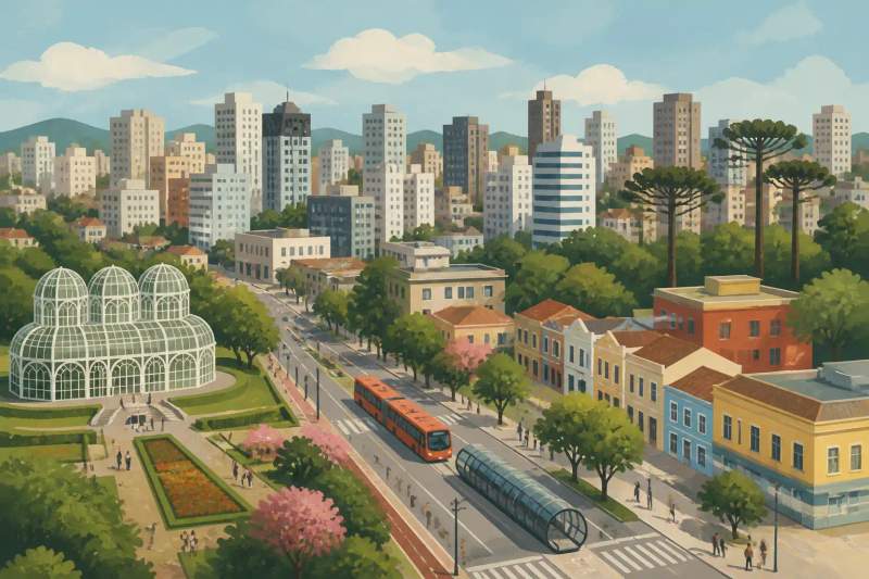Vue d'une rue animée du centre-ville de Curitiba avec des piétons et des commerces en journée.