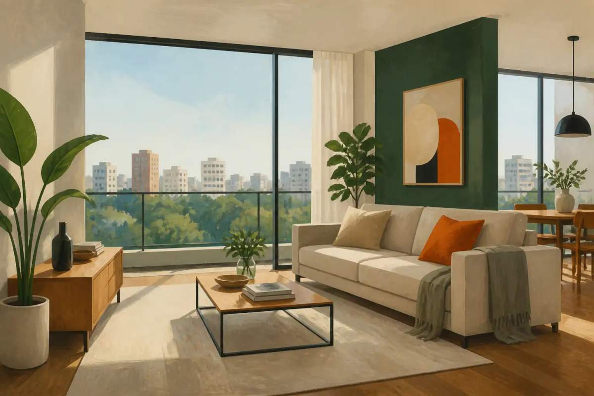 Modern living room inside a furnished apartment in Curitiba featuring stylish furniture and natural light