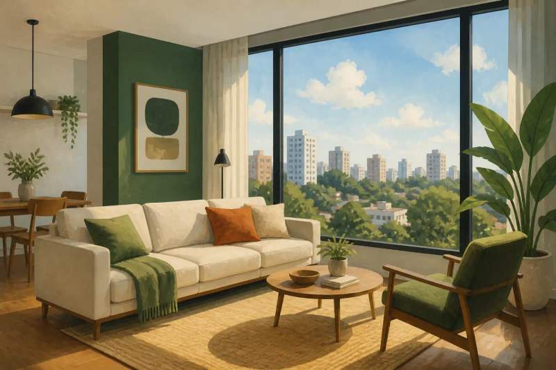 Intérieur d'un appartement meublé moderne à Curitiba avec canapé, cuisine équipée et coin bureau lumineux.