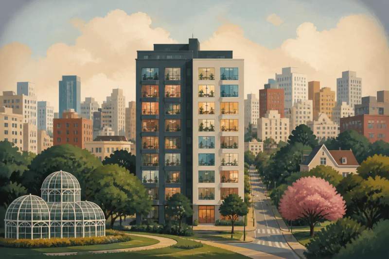 Modern furnished studio apartments with desks and kitchenettes in a high-rise residential building in Curitiba.
