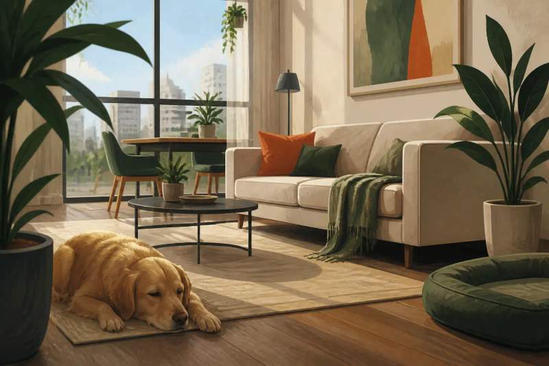 A small dog sitting on a sofa inside a modern furnished apartment living room.