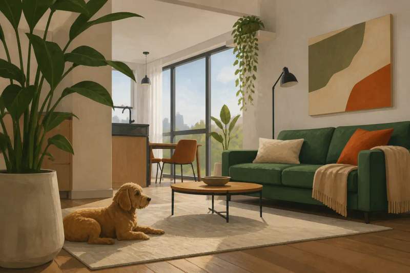 Un petit chien assis dans le salon lumineux d'un appartement meublé Shortstay à Curitiba.
