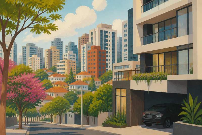 Automóvil estacionado en el garaje cubierto de un edificio residencial de apartamentos amueblados en Curitiba.