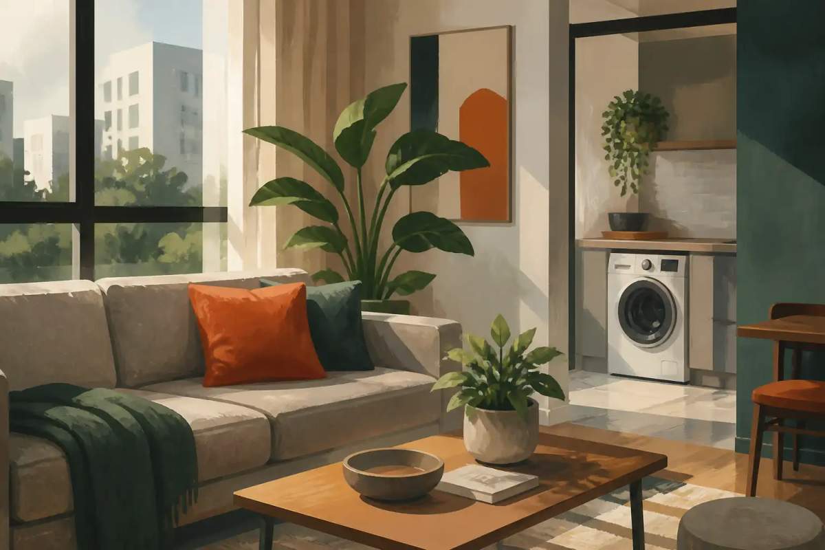 Modern washing machine inside a bright apartment utility space next to folded laundry.
