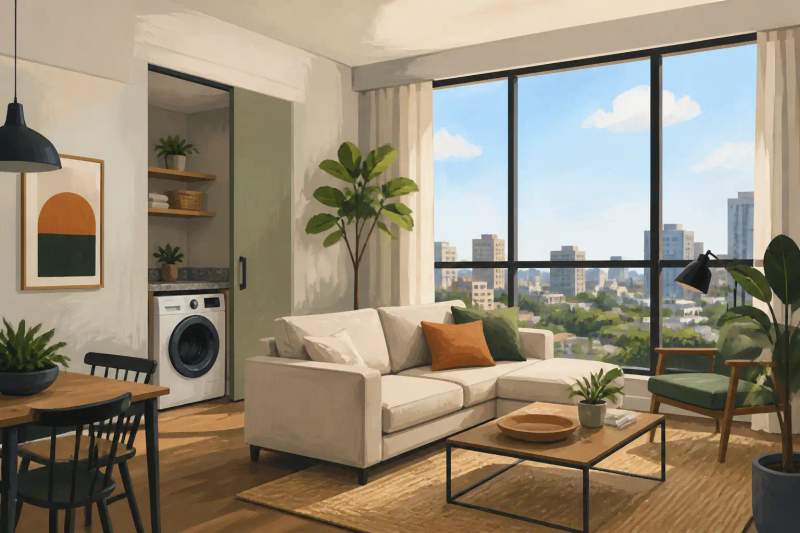 Espace buanderie équipé d'une machine à laver dans un appartement meublé à Curitiba.