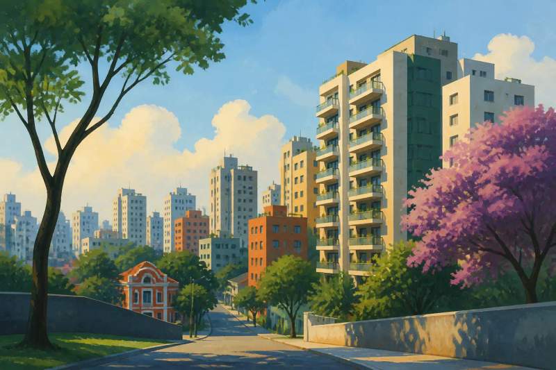 Sunlit living room of a modern furnished apartment with a balcony overlooking buildings in Curitiba.