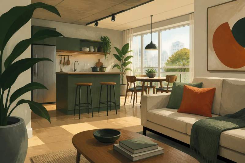 Modern furnished apartment kitchen in Curitiba featuring a cooktop, clean countertops, and built-in appliances.
