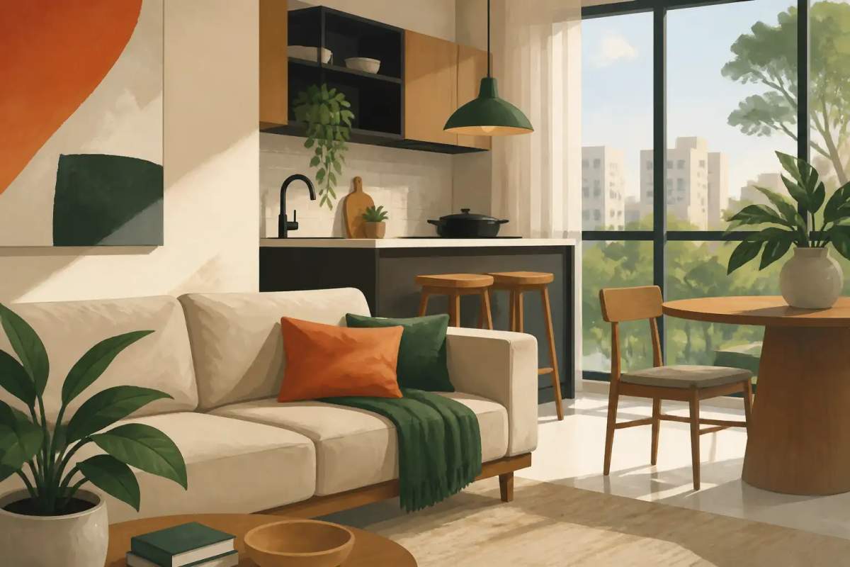 Cuisine meublée moderne avec plaque de cuisson, micro-ondes et réfrigérateur dans un appartement à Curitiba.