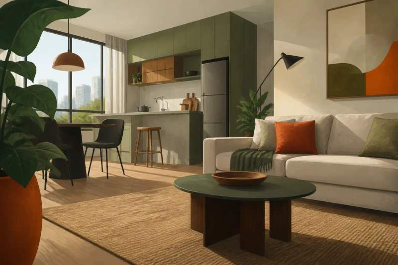 Cocina de apartamento amueblado con placa de cocina, microondas, utensilios y armarios en Curitiba.