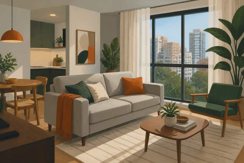 Interior de apartamento mobiliado com cama de casal e mesa de trabalho integradas em Curitiba.