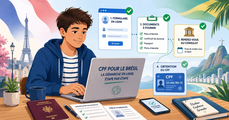 Un étudiant consultant un passeport français et des formulaires d'inscription administratifs sur un bureau.
