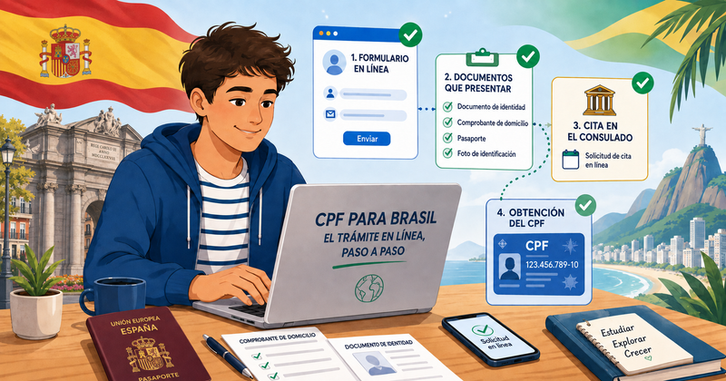 Estudiante revisando su pasaporte y completando un formulario digital en una laptop sobre un escritorio.