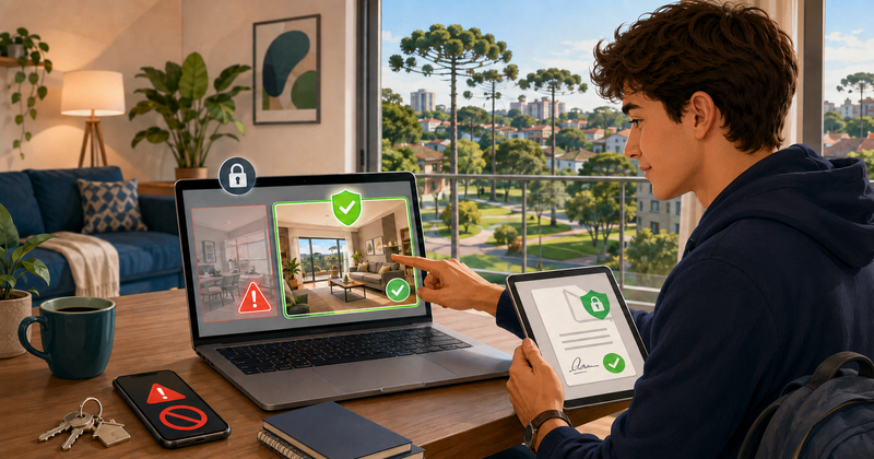 A person reviewing a Brazilian apartment rental contract and searching listing details on a laptop screen.